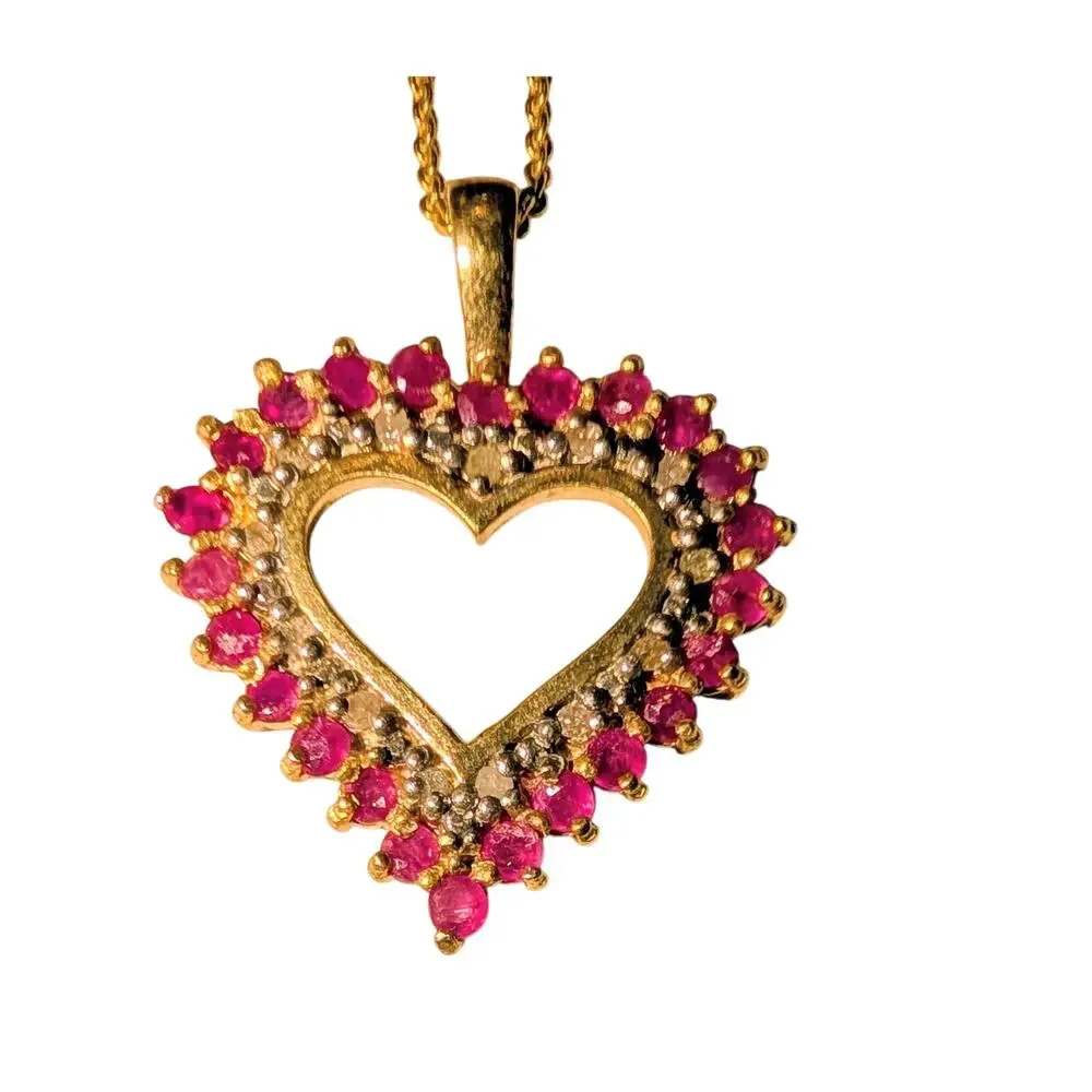 Sterling Silver 925 PAS Heart Pendant Necklace Red Stones Gold Tone 18 Inch